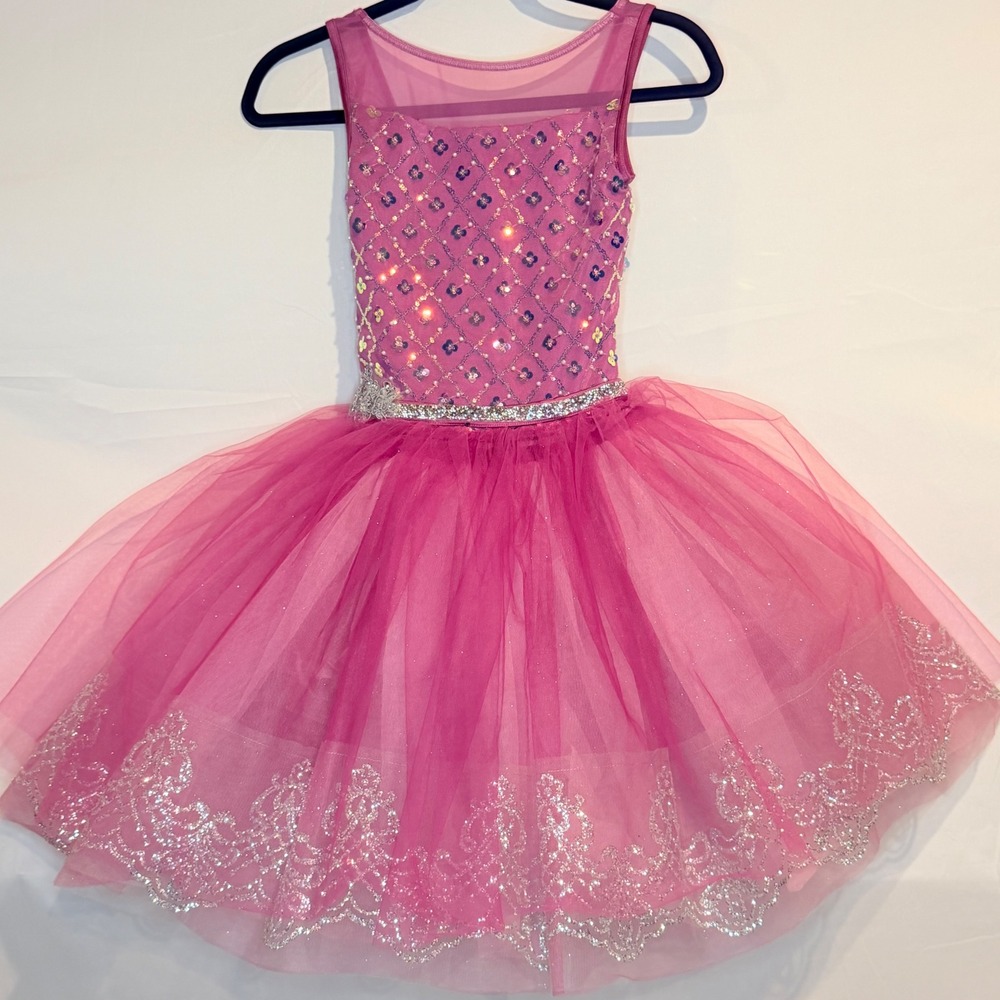 Weissman LC Pink Sequin Ballet Dress Silver Glitter Scrollwork Tulle Kids Girls
